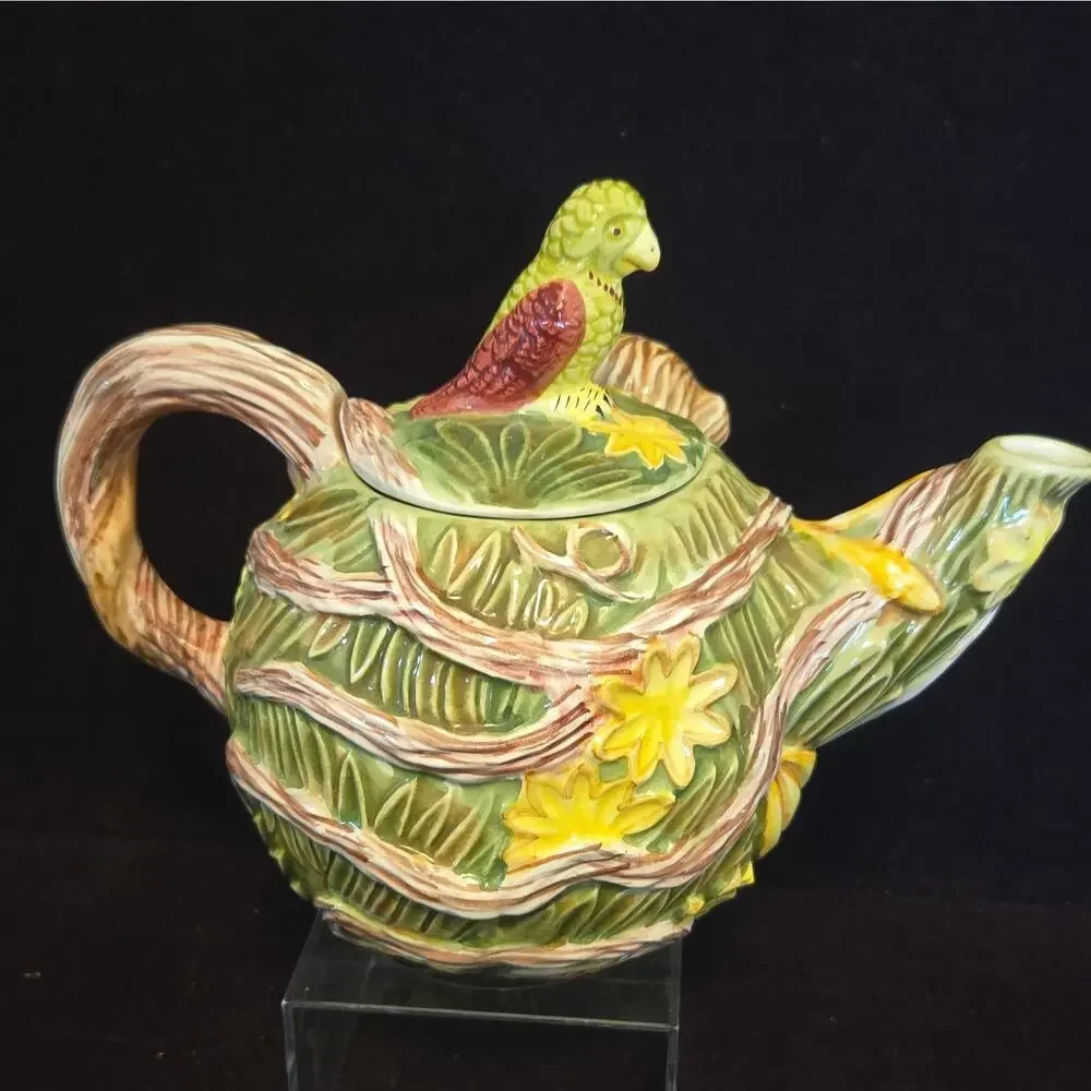 Vintage Monkey & Parrot Ceramic Teapot Jungle Spree Majolica Style Glazed